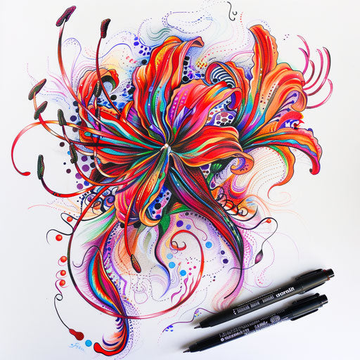 Psychedelic-style tattoo sketch of a red spider lily