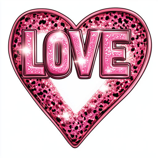 Pink leopard print, glitter, and sparkling pink text 'LOVE' with heart clipart in a cartoon style on white background