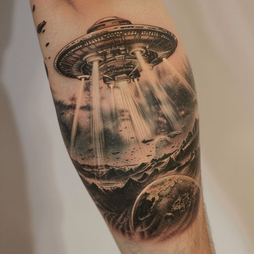 Hyper-detailed alien spacecraft entering Earth's atmosphere tattoo