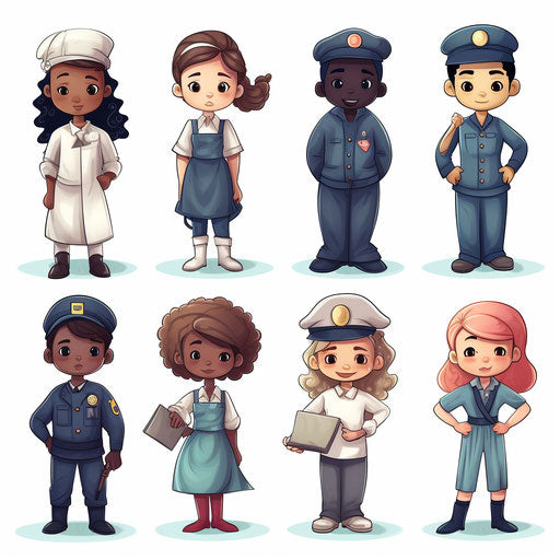 Community helpers clipart in the style of Chiaroscuro Art, on a white background