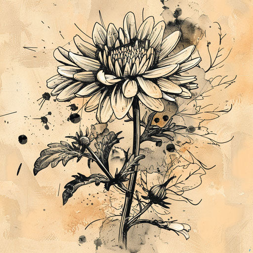 Rustic tattoo sketch of an aster flower with woodcut textures in earthy tones