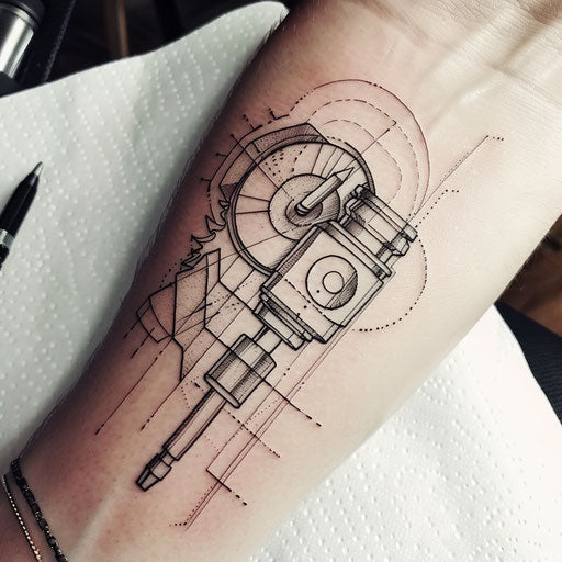 Stylish flat tattoo sketch of a piston with art deco elements