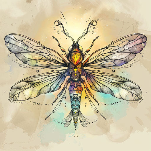 Detailed sketch of a firefly with intricate line work and soft pastel colors in clipart style