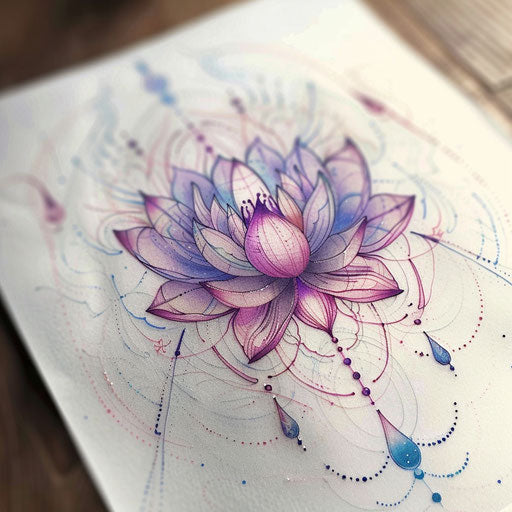 Sketch of a mystical lotus flower tattoo with water droplets, soft colors and delicate details