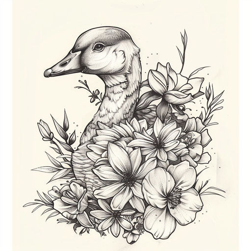Dynamic flat sketch of a goose surrounded by spring flowers