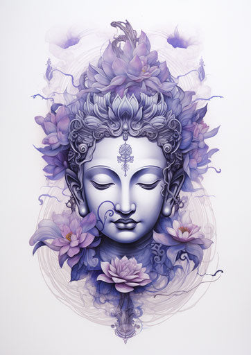 Painting of a Buddha, tattoo inspired style, navy and light violet