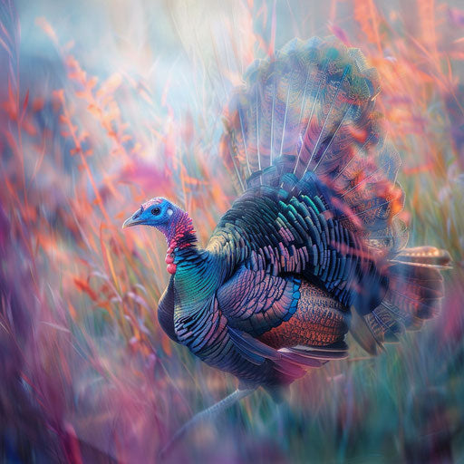 Wild turkey with vibrant plumage in a grassy meadow