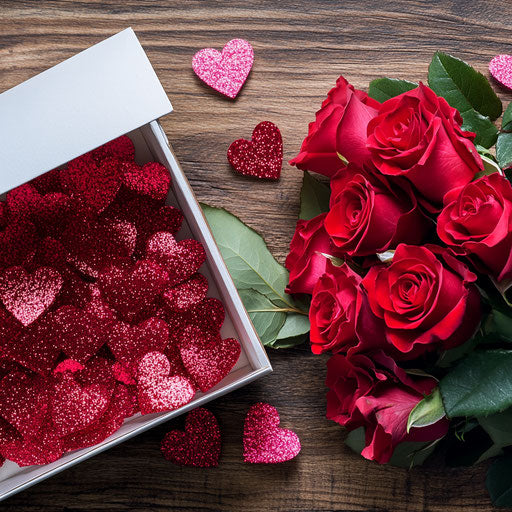 Bouquet of red roses with hearts on wooden table