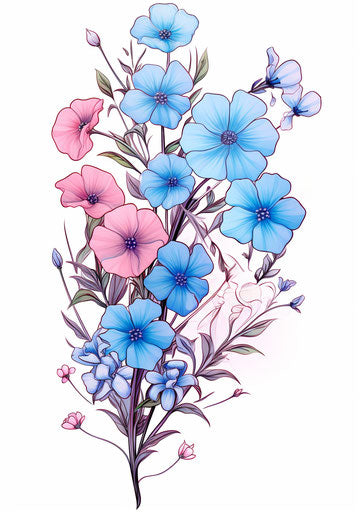 Small blue and pink flowers, outlined art style, colorized 45:64