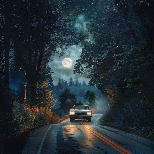 Luxury coupe with panoramic sunroof under the stars in the forest