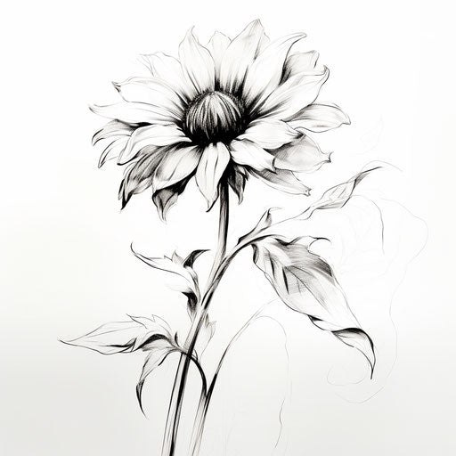 An illustrative drawing of a sunflower on a black and white background