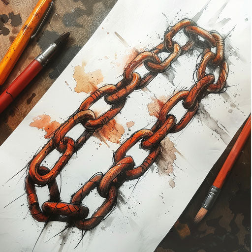 Vintage rusty chain tattoo design, old-school feel on white sheet