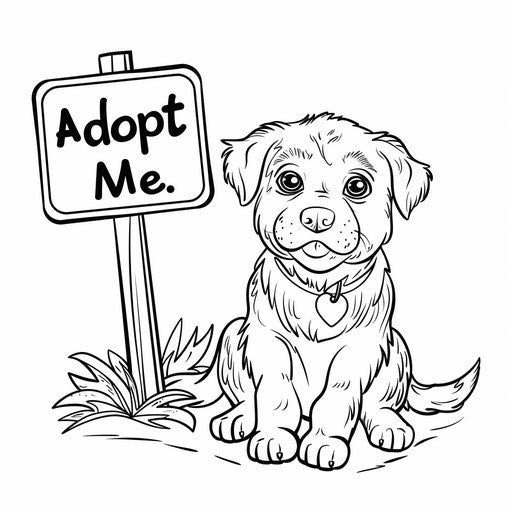 Cute puppy with big, pleading eyes sitting next to a sign 'Adopt Me.' Coloring book page