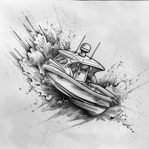 Dynamic flat tattoo sketch of a boat racing with splashing water