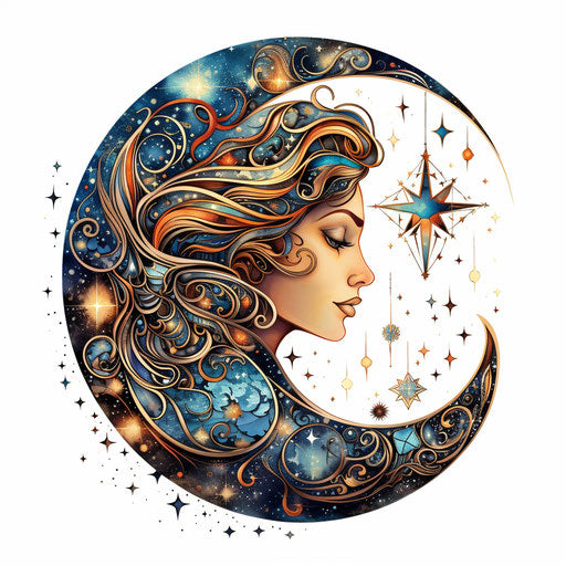 A crescent with a beautiful tattoo on the moon and stars