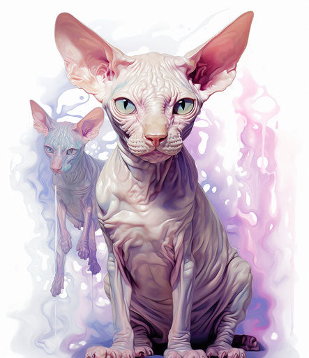 A cat with a sphynx in front of a white background, light purple and light maroon style, eerily realistic, subtle coloring, swirling vortexes, spiky mounds, northern and southern dynasties, luminous shadowing 13:15