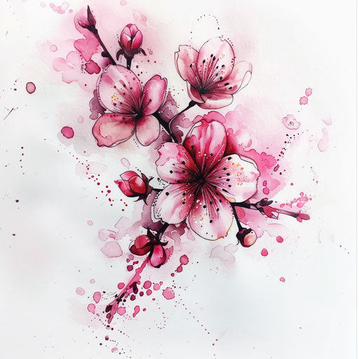 Ethereal cherry blossom tattoo design with watercolor splashes