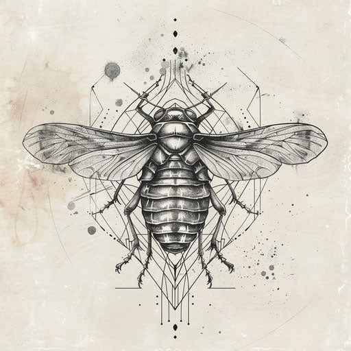 Zen tattoo sketch of a cicada with calming grays and minimalist design, clipart style