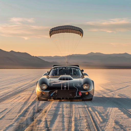 Shelby Daytona dragster with a long front nose and a parachute at the back, ready for a drag race