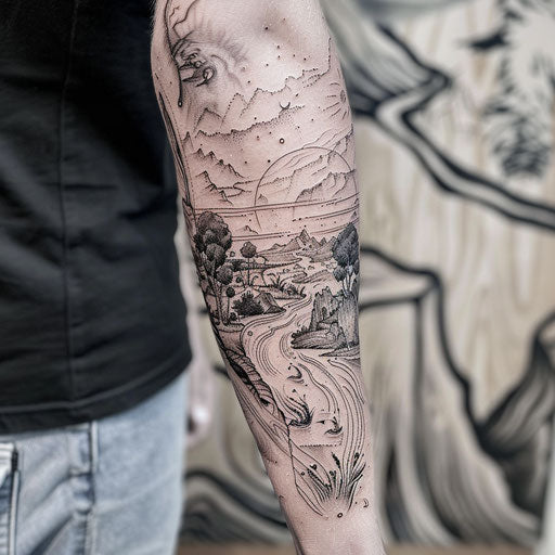 Forearm tattoo with surreal landscape
