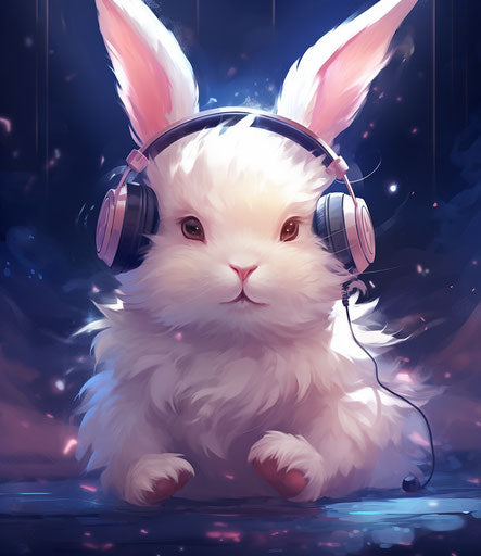 Dreamy rabbit listening to soft and melodic music
