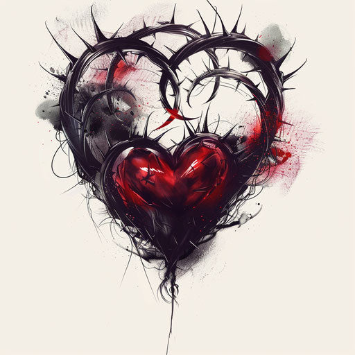 Crown of thorns around a heart tattoo in deep red and black on white background