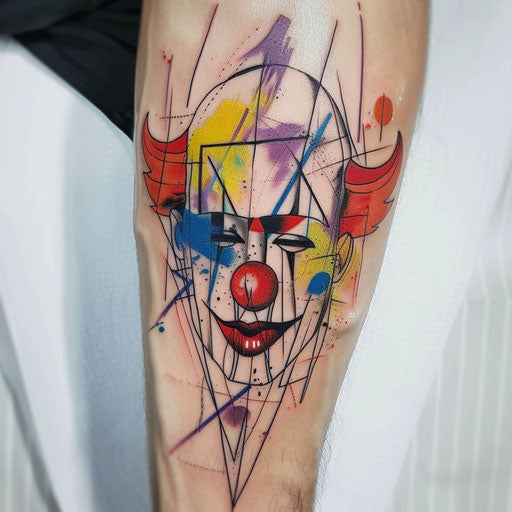 Abstract clown face with geometric shapes and neon colors on white background