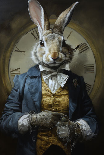 Illustration of a person of a rabbit from Alice's Adventures, aetherclockpunk style