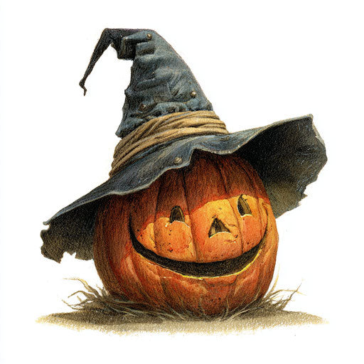 Jack-o'-lantern in a witch's hat with a playful grin