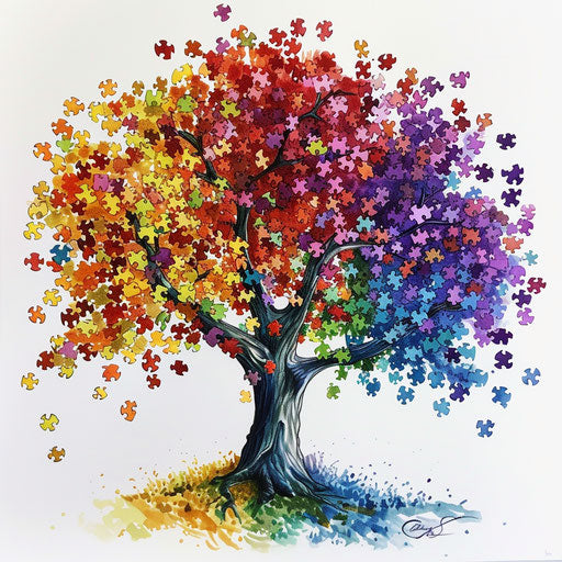 Tree with autism puzzle pieces leaves in spectrum of colors