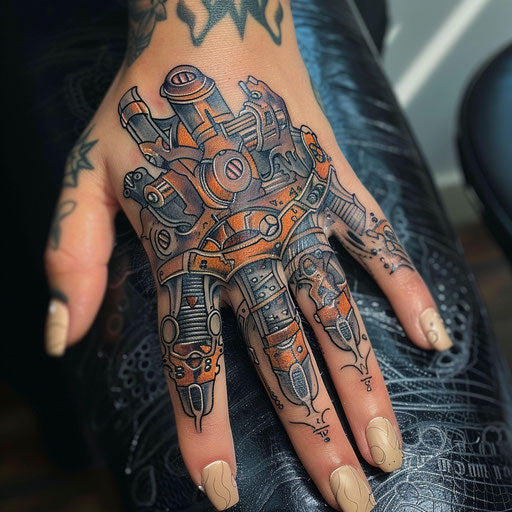 Finger tattoos for women in the style of Adrian Smith featuring steampunk elements