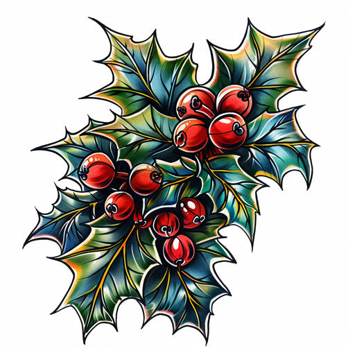 Neo-traditional tattoo illustration: colorful holly on white