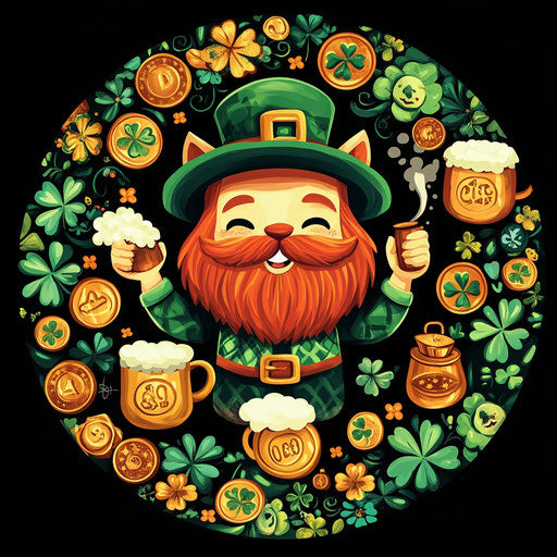 Leprechaun Cat in Irish-themed circle with beers and clovers