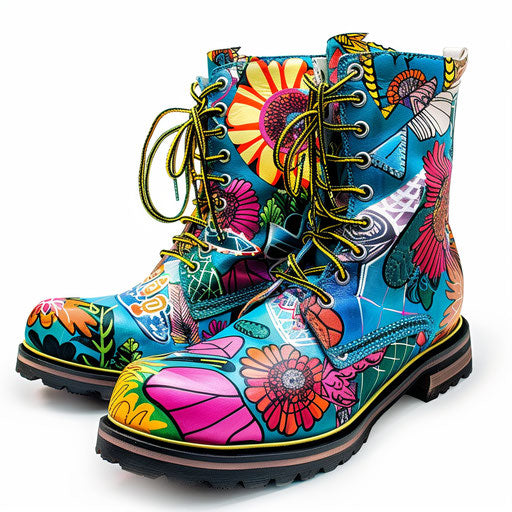 Realistic boots clipart on flat white background, vibrant hues and intricate patterns