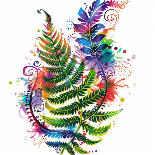 Psychedelic fern tattoo on white psychedelic art background