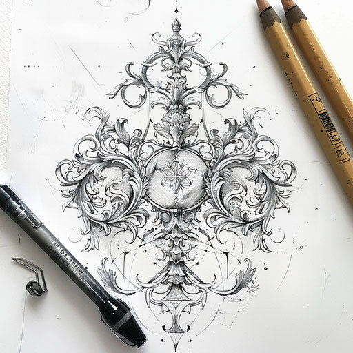 Baroque tattoo sketch of a hakuna matata symbol with ornate details and classic flourishes