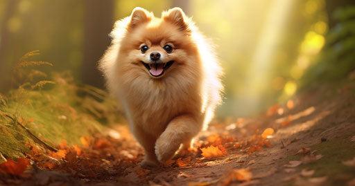 Pomeranian dog strolling on forest trail