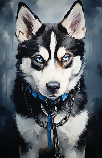 Husky dog with blue eyes on a leash, in bold colors