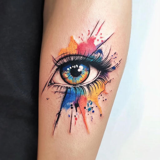 Eye tattoo on arm with vibrant watercolor splashes