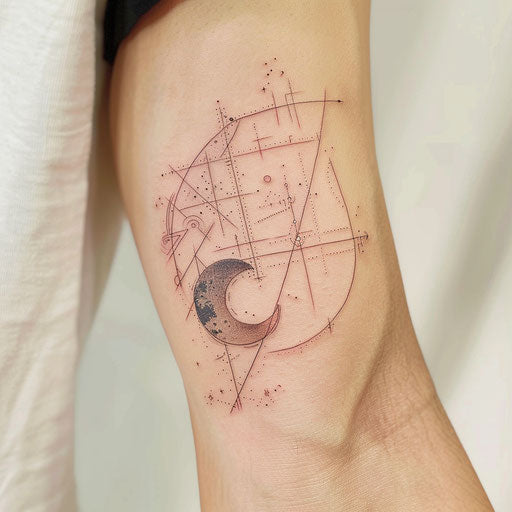 Abstract tattoo art of geometric shapes forming a moon and stars constellation, on a white surface