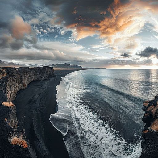 Black sand beach with serene waters and dramatic cliffs