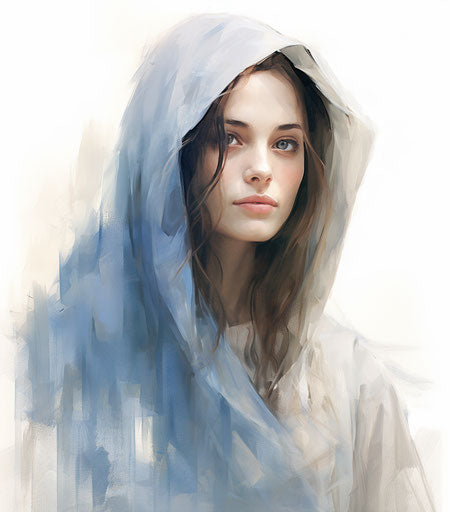 A beautiful drawing of a mary with a blue robe on white
