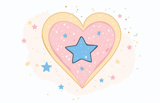 Pink heart with blue stars, glitter, personal iconography