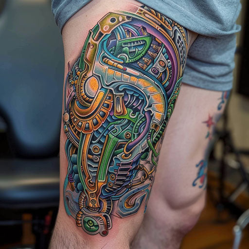 Abstract and colorful biomechanical thigh tattoos for men