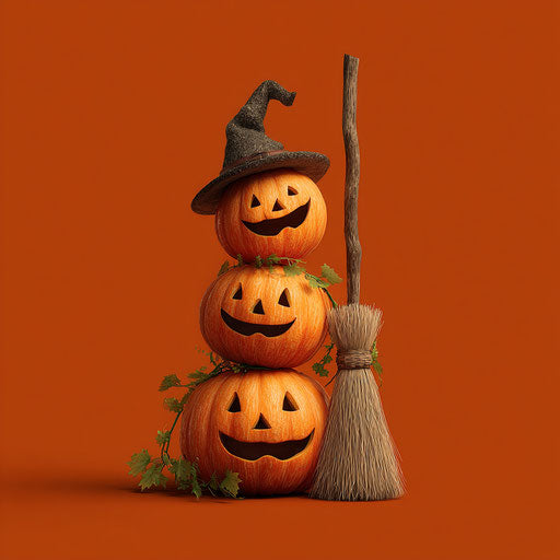 Three stacked pumpkins with a witch's broom