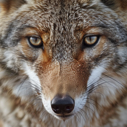 Intense gaze of a coyote's face, fur texture.
