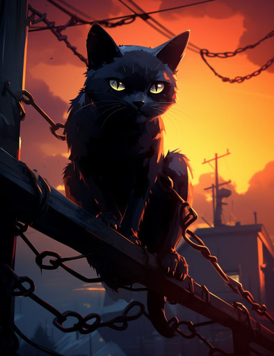Black cat on chain link fence in house, derppunk, icepunk style, full body 24:31