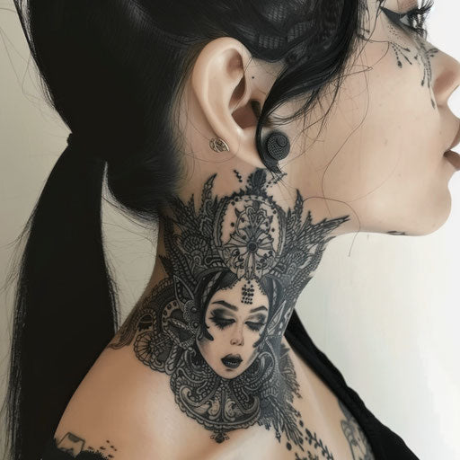 Neck tattoos for women with dark fairies in the style of Gerald Brom