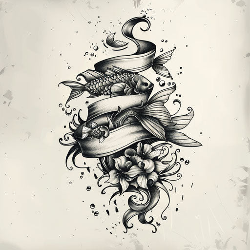 Underwater ribbon tattoo sketch with flowing waves and creatures