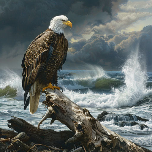 Bald eagle watching from driftwood by ocean shore
